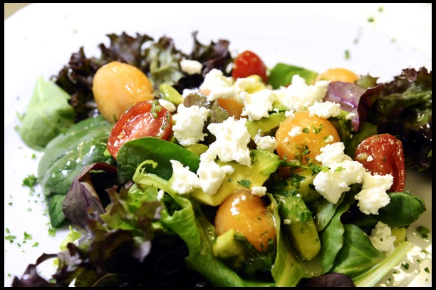 Cantaloupe, Avocado, Tomatoes, Goat Cheese and Basil with a Homemade Lemon Dressing served on Mixed Greens