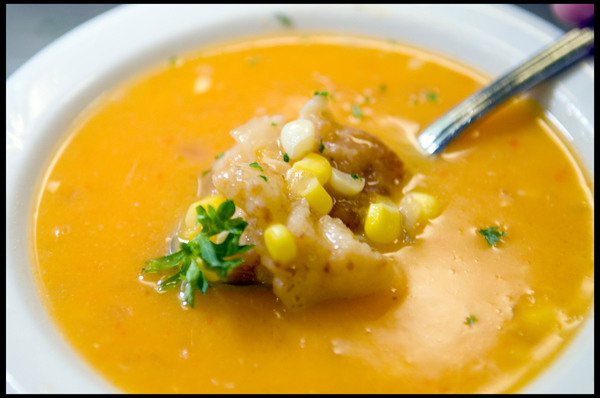 Brothy Soup with Corn, Scallops and finished off with a home-made Roasted Red Bell Pepper Purée.