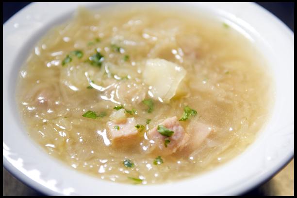Brothy Soup with Sauerkraut, Potatoes and Smoked Sausage Pieces