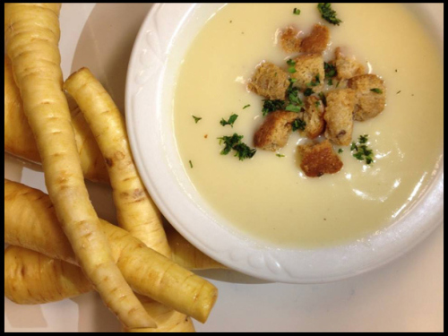 Cream of Parsnip Soup with Home-Made Croutons drizzled with Truffle Oil